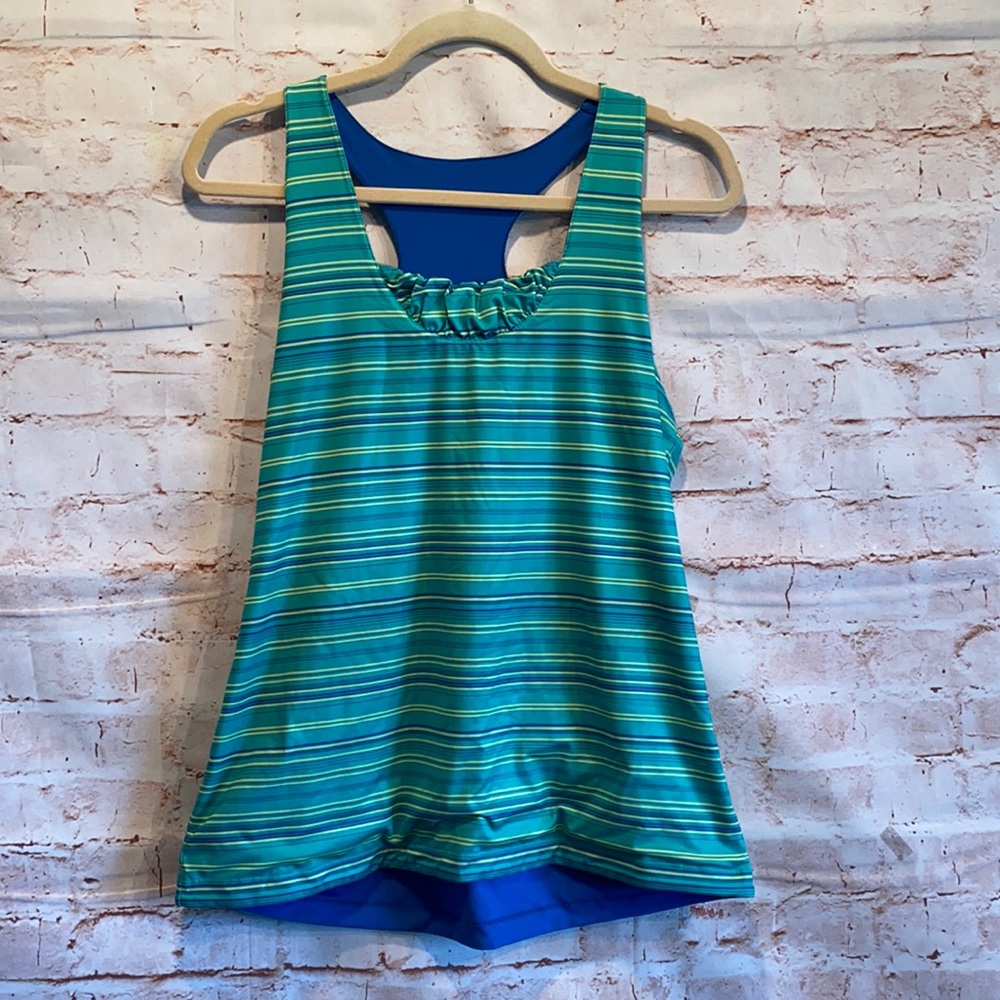 REI workout tank top L blue green stripe gym